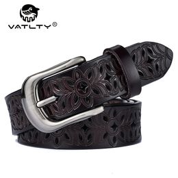 Waist Chain Belts VATLTY Fashion Hollow Leather Belt for Woman Solid Metal Buckle Natural Cowhide Trousers Brown Jeans Female ZK094 230825