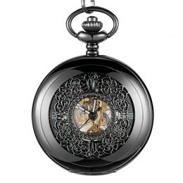 Pocket Watches Luminous Mechanical Pocket Watch Hollow Black Dial Hand-Winding Men Pendant Collection Fob Chain Watch Skeleton Steampunk Clock 230825
