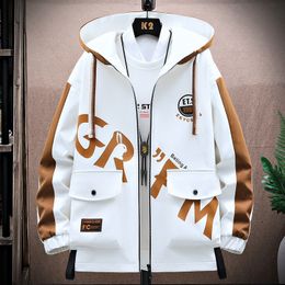 Men's Jackets Spring Casual Jacket Men Hooded Patchwork Coat Outwear Male Comfortable Baseball Clothing White Black Plus Size 4XL 230824