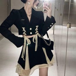 Two Piece Dress Women Blazer Suit Korean Chic Sexy Black Bow Tie Cropped Waistless Mesh Flutter Belt Lace Tops Y2k Mini Skirts 2 Set