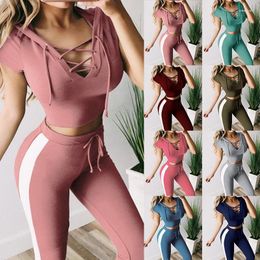 Women's Two Piece Pants 2023 Women Yoga Fitness Legging Athletic Sets Sportwear Short Sleeve Hooded T-shirt & Jogging Trousers Lady Y2k