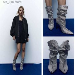 Boots New Style Pointed Thin High-heeled Women's Boots Pleated Rhinestone Show Large Size Medium Boots Fashion Sleeve Short Boots T230824