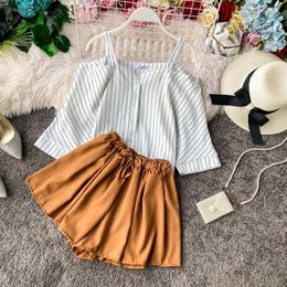 Women's Tracksuits Striped Shirt Shorts Women 2 Piece Set Casual Tops And Summer Beach Outfits Off-shoulder Blouse