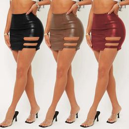Ins Style Pu Leather Skirt Womens Tight Sexy Short Hollowed Out Hip Elastic Nightclub