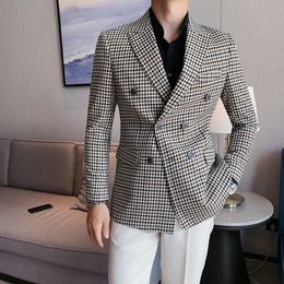 Men's Suits Blazers British Style Slim Fit Houndstooth Blazer For Men Fashion Double Breasted Business Office Wedding Dress Suit Jacket 230824