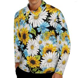 Men's Polos Yellow Sunflower Art Casual T-Shirts Colorful Floral Print Polo Shirts Retro Shirt Autumn Long Sleeve Pattern Clothes Big Size