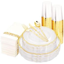 Disposable Dinnerware 175 Pieces of Party Tableware Transparent Golden Plastic Tray Set for Wedding Holiday Event Decoration 230825