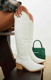 Boots Women Western Boots Knee High Fashion Pointed Toe Cowboy Cowgirls White Embroidery Boots Slip On Chunky Block Heel Shoes Winter T230824