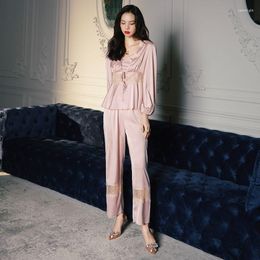 Women's Sleepwear 2023 Women Satin Summer Pyjamas Two Piece Sets Elegant Shiny Lace Splicing Long Sleeve Kimono Pant Suits Pyjamas