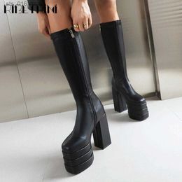 Boots Gothic Women Motorcycle Boots Sassy Platform Chunky High Heels Knee High Shoes Zipper Elastic Luxury Trendy Winter Street Boots T230824