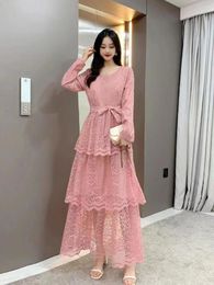 Casual Dresses 2023 Spring Autumn Women Long Sleeve Sashes Slim Dress High Quality Sweet Cake Big Hem Solid Color Lace