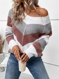 Women Crochet Pullovers Top Long Sleeve Striped White Crop Sweater Loose Fit Contrast Colour Casual Style Streetwear Suit
