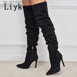 Boots Liyke Fashion Pleated Thigh High Over-The-Knee Long Shoes Womens Boots Autumn Winter Pointed Toe Zip Thin Heels Pumps Size 35-42 T230824