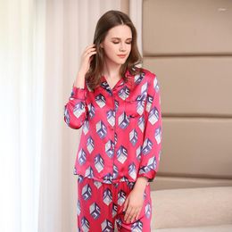 Women's Sleepwear Fashion Brand Real Silk Pyjamas Female Printing Women Pure Long-Sleeved Pyjama Pants Two-Piece Sets T8007