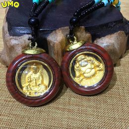 Chains Men's And Women's Buddha Sweater Chain Temple Maitreya /Guanyin Woodlike Transparent Copy Real Gold 24k 999 Pendant Beads J