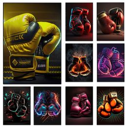 Retro Boxing Gloves Canvas Painting Art Aesthetics Boxing Gym Club Background Poster Prints Wall Boys Bedroom Living Room Decor Picture Cuadros No Frame Wo6