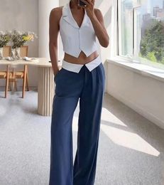 Women's Two Piece Pants Solid Color Vest Navel Exposed Sets For Woman 2023 Summer Minimalist Style Temperament Elegant Long Pant Suit