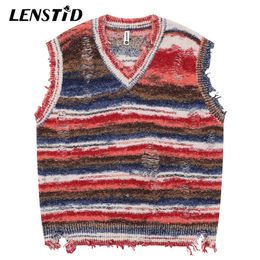 Men's Sweaters Autumn Men Sleeveless Knitted Jumper Hip Hop Ripped Striped Knitwear Vests Streetwear Harajuku Fashion Casual Pullovers 230825