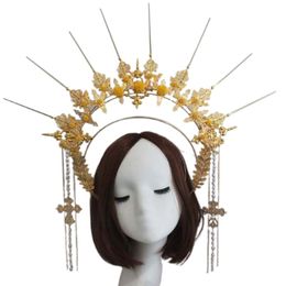 Vintage Lolita Jewelry Accessories Embossed Halo Crown Pearl Beaded Chain Headband Metal Tiara DIY Material Package