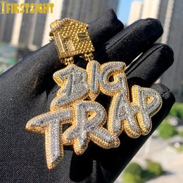 Pendant Necklaces Iced Out Bling Hip Hop Cursive Letter Big Trap Pendant Necklace CZ Cubic Zirconia House Charm Men Women Fashion Jewelry 230824