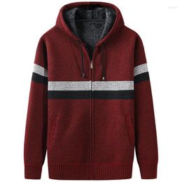 Men's Sweaters Autumn Winter Cold Coat Thick Warm Faux Fur Wool Sweater Hooded Stripe Cardigan Slim Zipper Jacket