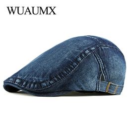 Berets Wuaumx Simple Washed Denim Hat Men Women Spring Summer Peaked Flat Cap Artist Duckbill Casual Herringbone sboy 230825