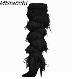 Boots Feather Women's High Boots Suede Cross-tied Pointed Toe Party High Heel Shoes Sexy Ostrich Feather Women's Over The Knee Boots T230824