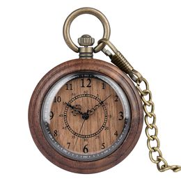 Pocket Watches Stylish Wooden Quartz Pocket Watch Arabic Numerals Display Round Dial Wood Pocket Clock Bronze Fob Chain Antique Timepiece Male 230825