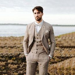 Men's Suits 2023 Linen For Men Notched Lapel Two Buttons 3 Pieces Male Groom Wear Wedding Tuxedo Blazer Vest Pants Costume Homme