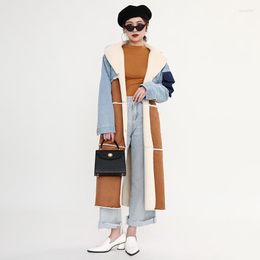 Women's Fur Denim Hit Colour 2023 Fashion Patchwork Long Artificial Coat Women Thicken Warm Winter Fleece Jacket With Sashes