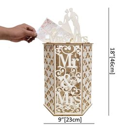 Other Event Party Supplies Wedding Card Box Mr and Mrs DIY Couple Mesh Business Wooden Birthday Decoration 230824