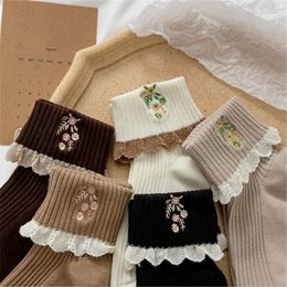 Women Socks Japanese Kawaii Cute JK Lolita Lace Frilly Ruffle Fashion Flower Embroidery Harajuku Retro Vintage Crew