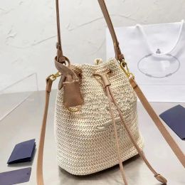 Raffias Bag Woven Straw Bags Women Bucket Bag Nylon Shoulder Bags Hobos Laffia Grass Crochet Handbags Embroidery Letter Triangle Decor 8 2686