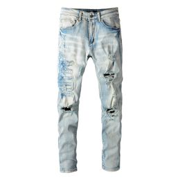 Men's Jeans Men Vintage Distressed Light Blue Streetwear Stretch Skinny Destroyed Holes Letters Patchwork Slim Fit Moustache 230824