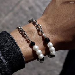 Link Bracelets 2023 Trendy Imitation Pearls Bracelet Men 8mm Bead Half Stainless Steel Cuban Chain For Jewellery Gift