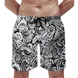 Men's Shorts Gym Paisley Print Hawaii Beach Trunks Black And White Quick Dry Running Oversize Short Pants