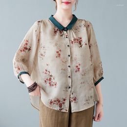 Women's T Shirts 2023 Summer Flower Printed 3/4 Lantern Sleeve Loose Line Top Shirt Woman Vintage Floral Tops