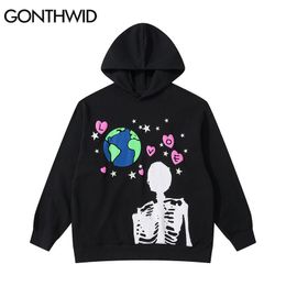 Men's Hoodies Sweatshirts GONTHWID Hip Hop Hoodie Sweatshirt Streetwear Earth Skeleton Print Punk Gothic Hooded Winter Harajuku Cotton Pullover Black 230824