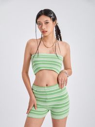 Women's Tracksuits Women 2 Piece Short Sets Chic Stripe Boat Neck Strapless Fitted Tube Tops And Shorts Summer Outfits Streetwear Loungewear