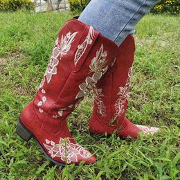 Floral BONJOMARISA New Stacked Heel Cowboy Western knee high Boots For Women Embroidery Ridding Retro Cas