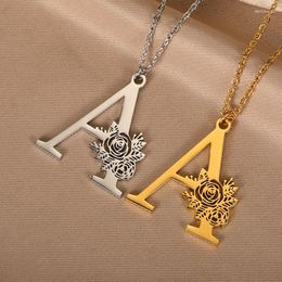 Pendant Necklaces Necklace For Women A-Z Initial Letter Stainless Steel Alphabet Rose Flower Girls Female Jewellery Choker Gift