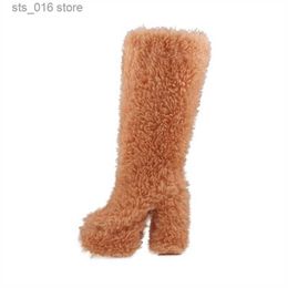 Boots Novelty Plush Women's Knee High Boots Round Toe Chunky Heels Platform Boots For Women Fashion Big Size Long Hair Botas Femininas T230824