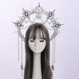 Gümüş gotik halo taç lolita tiara kafa bandı cadılar bayramı vintage güneş tanrıçası barok başlık