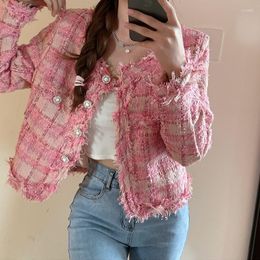 Women's Jackets Plaid Tweed Coat Women Plus Size Pink Luxury Woollen Tassel Outwear Single Breasted Long Sleve Pockets
