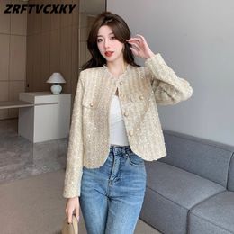 Women's Wool Blends French Small Fragrance Tweed Jacket For Women Autumn Winter Fashion Sequin Ruffle Patchwork Loose Short Coats Casaco 230824