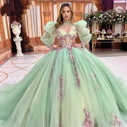 Mint Green Quinceanera Dress With Jacket Sweetheart Flower Applique Lace Vestidos De 15 Anos Sweet Formal 16th Birthday Party Ball Gown