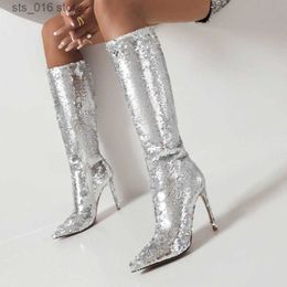 Boots Ladies' New Sequined Knee Boots Fashion Pointed Toe Stiletto Boots European and American Nightclub Party Fashion Boots T230824