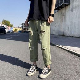 Men's Jeans Foufurieux Japanese Trend Ripped Hole White Green Black Ankle Length Youth Fashion Denim Harem Cargo Pants Men