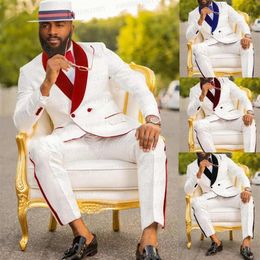 White Mens Wedding Suit 3 piece Custom Bridegroom Prom Party Tuxedo Slim Fit Blazer Red Velvet Double Breasted Jacket Vest Pants1299l