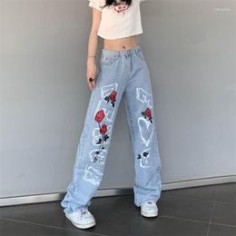 Women's Jeans IRabeeZT Vintage Pants Women Denim Trousers Print Letters Rose Autumn High Street Unisex Loose Straight Wide Leg